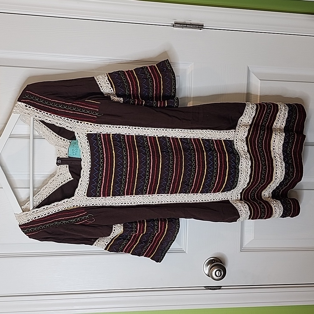 Judith March Lace and Embroidered Brown Square Neck Dress, Women's Small